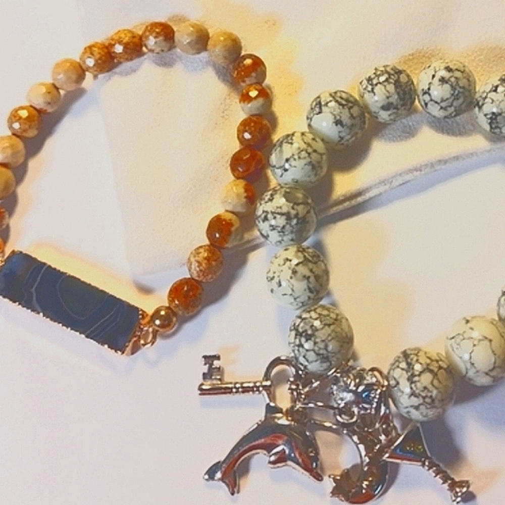 Pinolith Gemstone Bead Charm Bracelet by Laura plus Free Agate Gemstone Bracelet